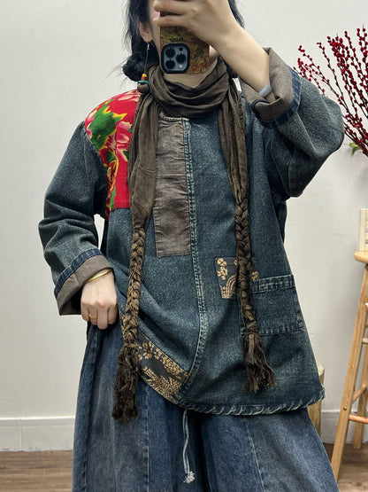 Spring Retro Patchwork Loose Denim Shirt