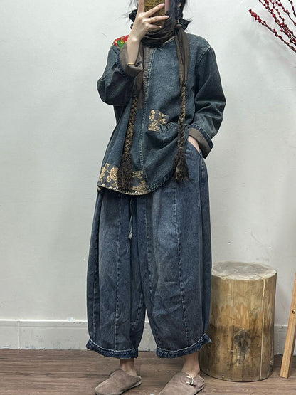 Spring Retro Patchwork Loose Denim Shirt