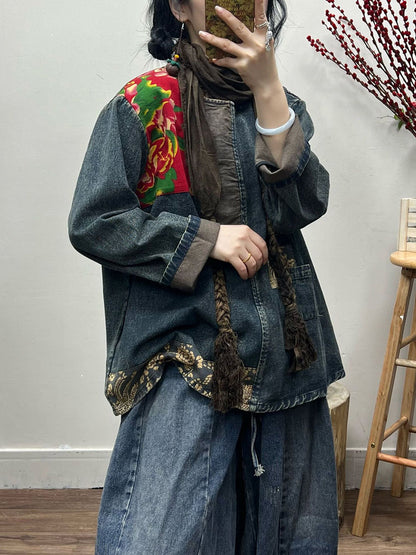 Spring Retro Patchwork Loose Denim Shirt
