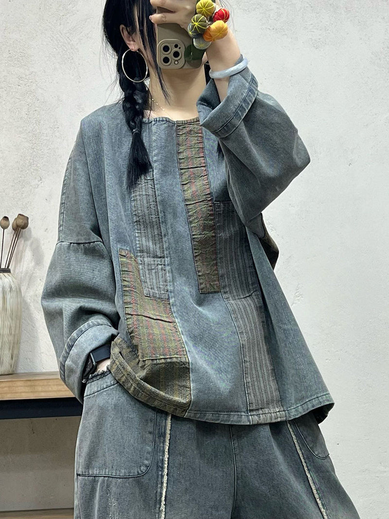 Spring Retro Spliced Denim Loose Shirt