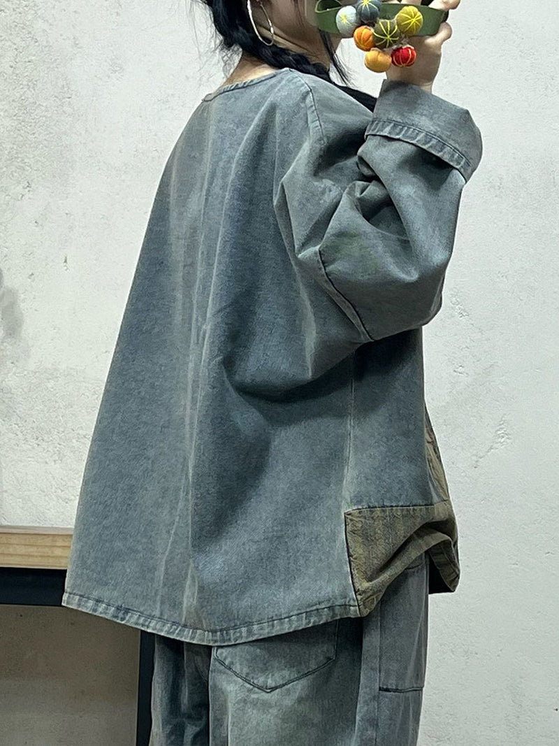 Spring Retro Spliced Denim Loose Shirt
