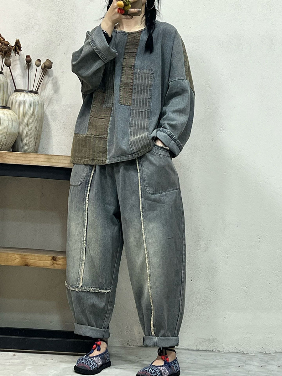 Spring Retro Spliced Denim Loose Shirt
