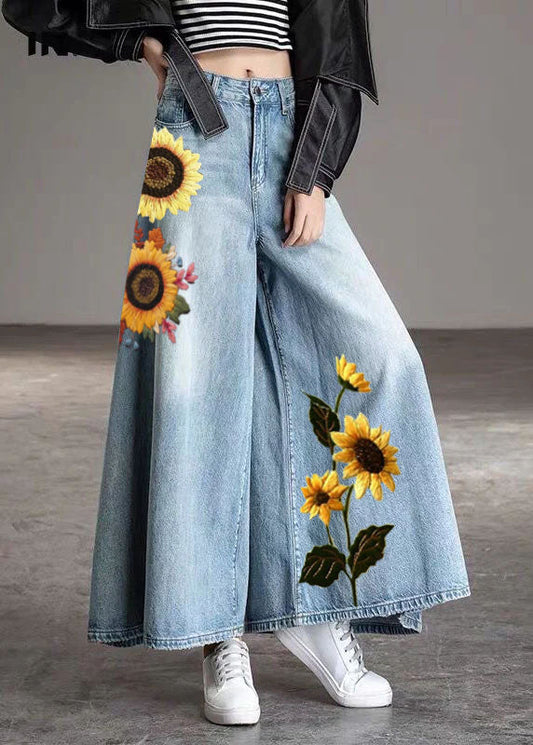Diy Light Blue-sunflower Pockets Wide Leg Fall Denim Pants