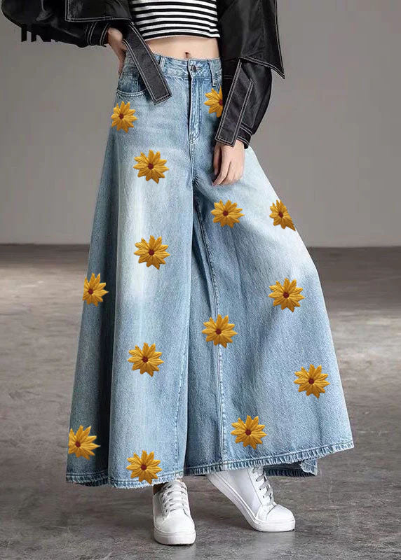 Diy Light Blue-chrysanthemum Pockets Wide Leg Fall Denim Pants