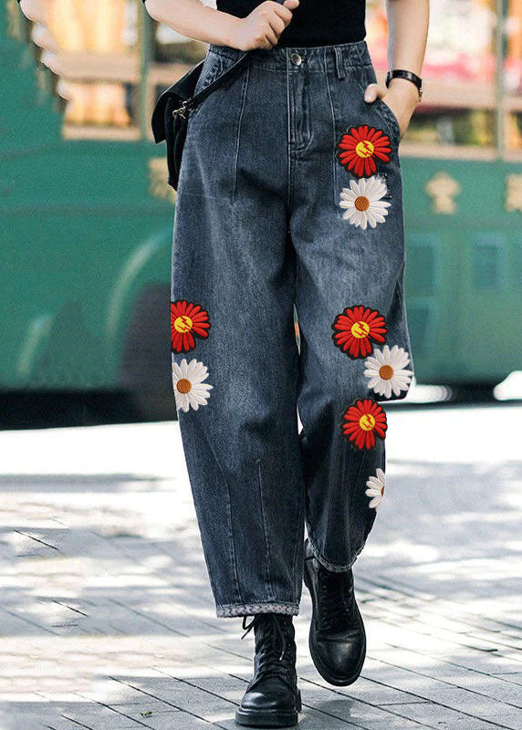 Style Navy High Waist Pockets Harem Fall Denim Pants