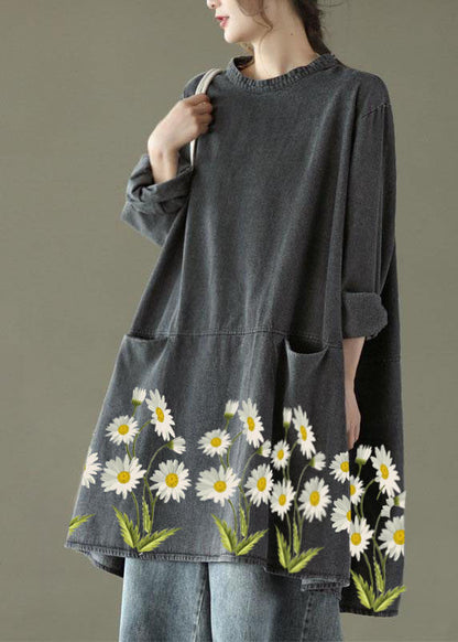 Black Grey-blue Flower O-neck Pockets Denim Long Dresses Long Sleeve