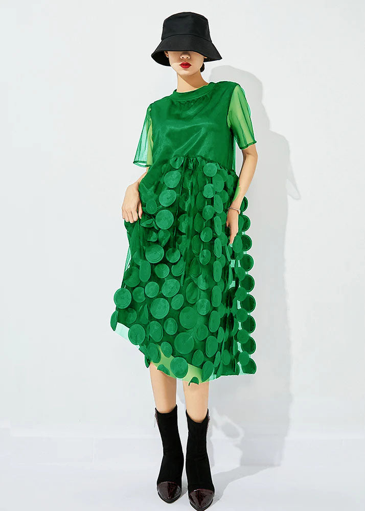 Light Green O-neck Patchwork Dot Tulle Holiday Dress Summer
