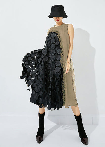 Yellow-black Dot Asymmetrical Patchwork Wrinkled Tulle Maxi Dress Sleeveless
