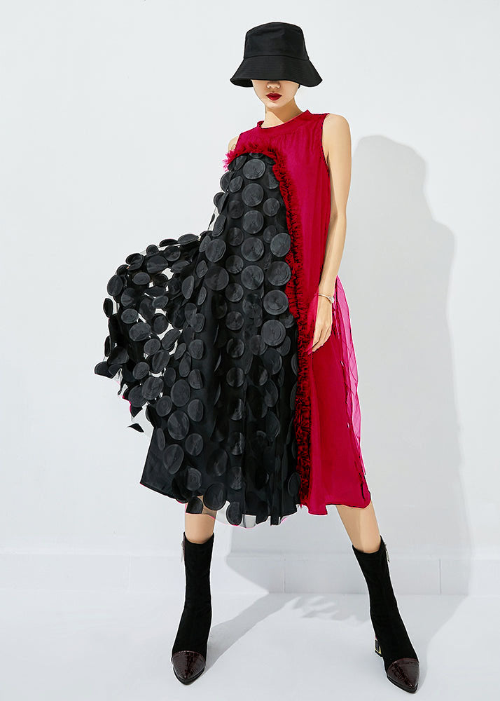 Black-green Dot Asymmetrical Patchwork Wrinkled Tulle Maxi Dress Sleeveless