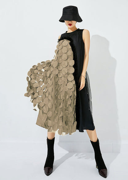 Yellow-black Dot Asymmetrical Patchwork Wrinkled Tulle Maxi Dress Sleeveless