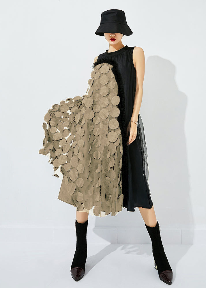 Black Asymmetrical Patchwork Wrinkled Tulle Maxi Dress Sleeveless