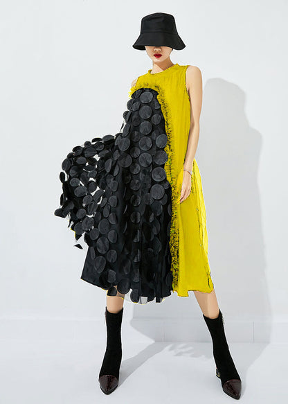 Black-green Dot Asymmetrical Patchwork Wrinkled Tulle Maxi Dress Sleeveless