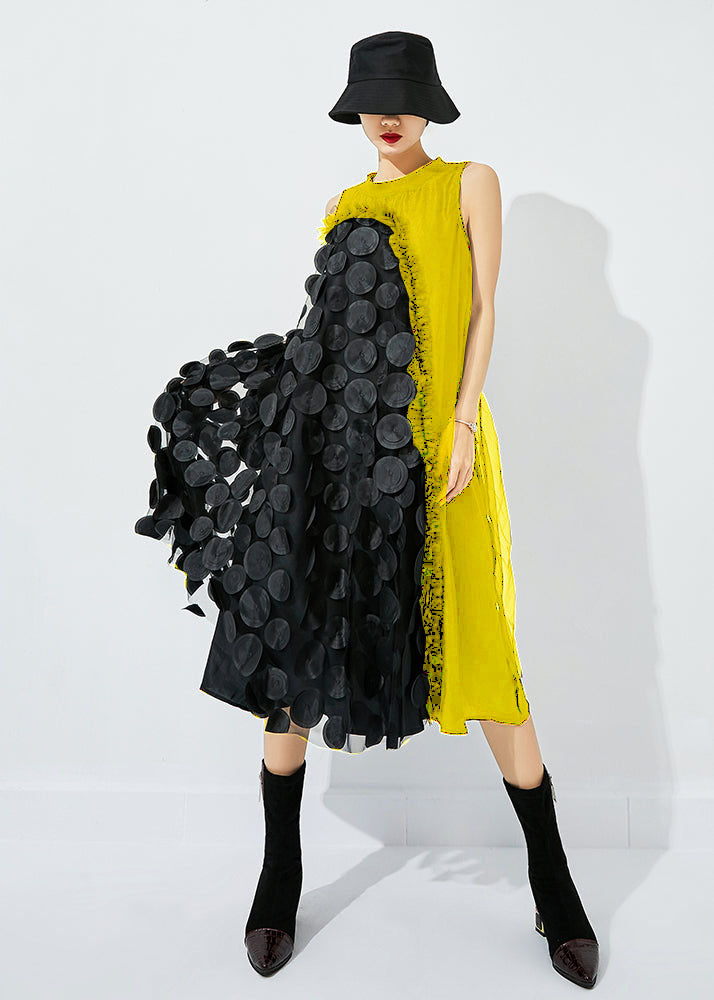 Tea Green-black Dot Asymmetrical Patchwork Wrinkled Tulle Maxi Dress Sleeveless