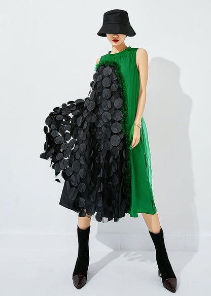 Yellow-black Dot Asymmetrical Patchwork Wrinkled Tulle Maxi Dress Sleeveless