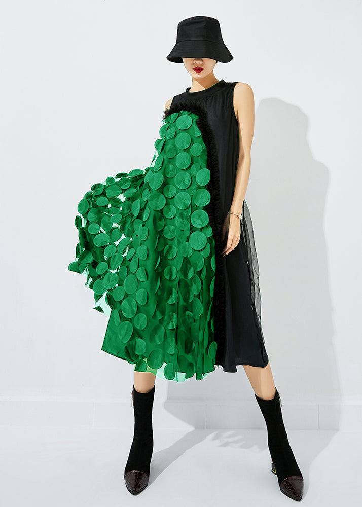 Black-blue Dot Asymmetrical Patchwork Wrinkled Tulle Maxi Dress Sleeveless