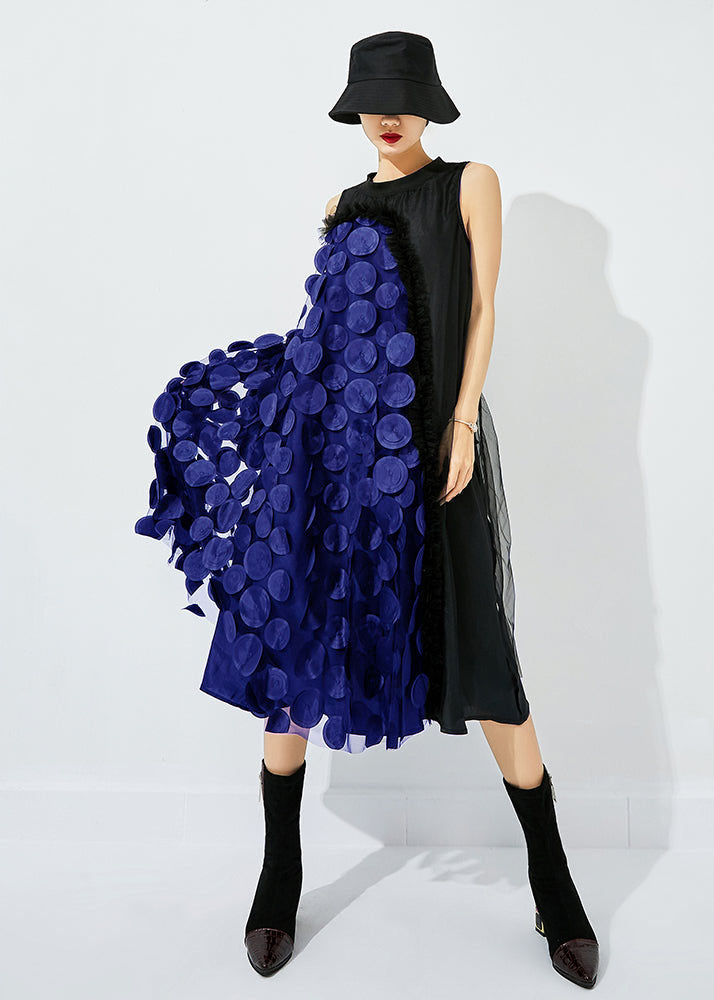 Khaki-black Dot Asymmetrical Patchwork Wrinkled Tulle Maxi Dress Sleeveless