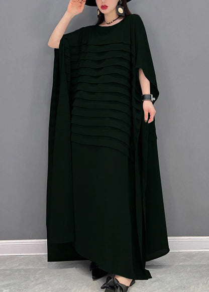 Red O-neck Striped Chiffon Ankle Dress Batwing Sleeve
