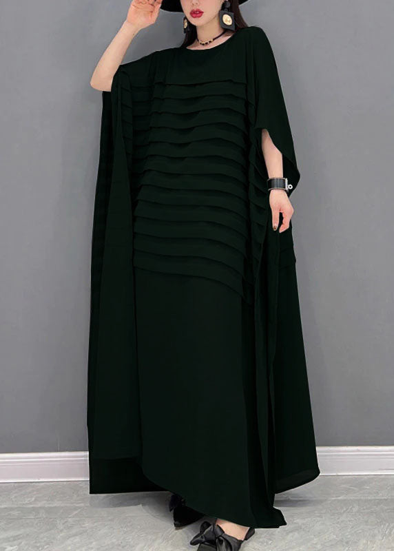 Yellow O-neck Striped Chiffon Ankle Dress Batwing Sleeve