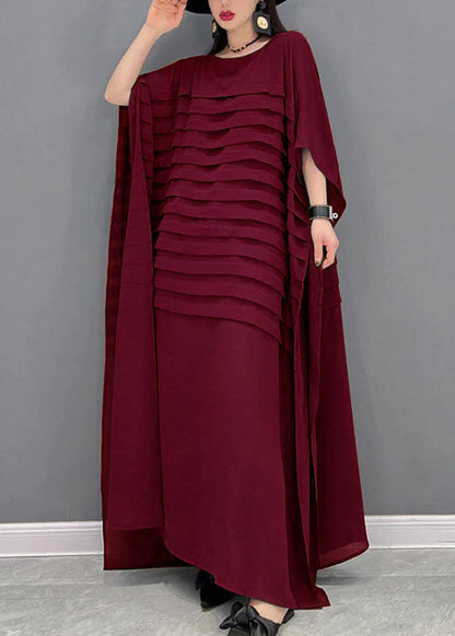 Black O-neck Striped Chiffon Ankle Dress Batwing Sleeve
