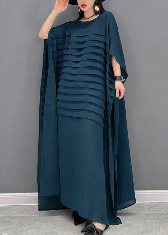 Red O-neck Striped Chiffon Ankle Dress Batwing Sleeve
