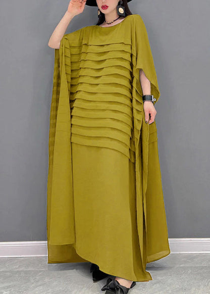 Black O-neck Striped Chiffon Ankle Dress Batwing Sleeve