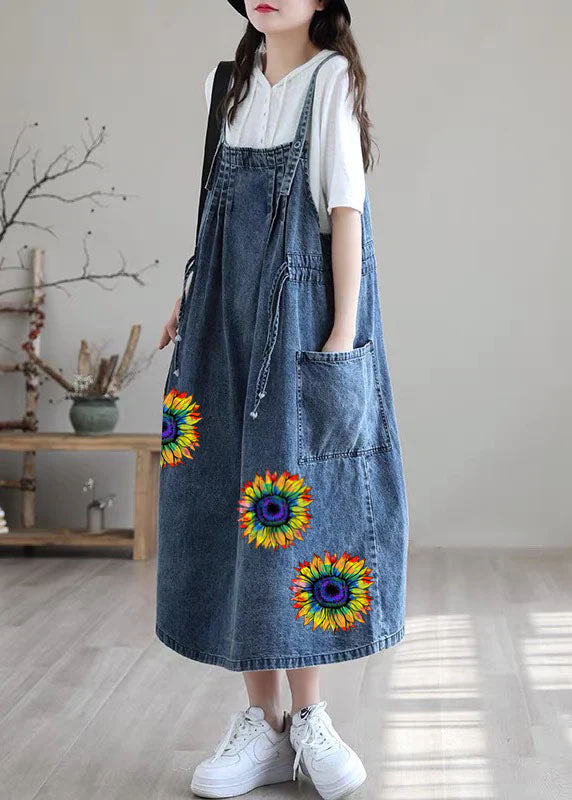 Blue-leaves Drawstring Pocket Spaghetti Strap Cotton Denim Dress Spring