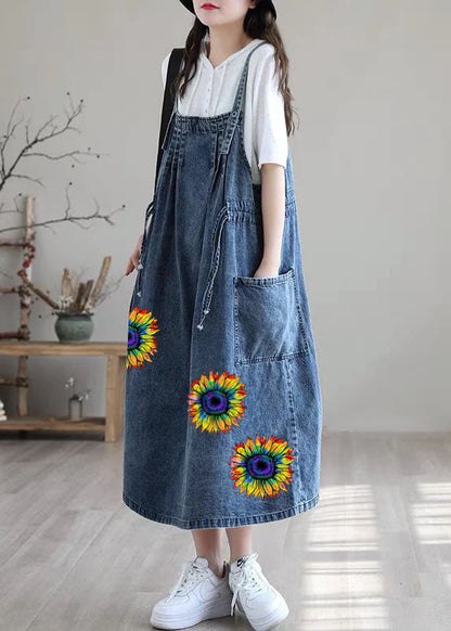 Blue-brown Flower Drawstring Pocket Spaghetti Strap Cotton Denim Dress Spring