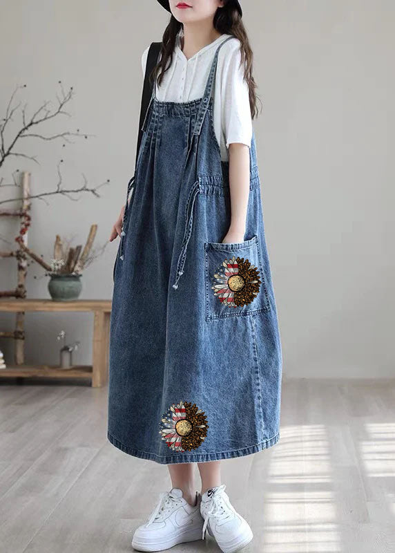 Blue-sunflower Drawstring Pocket Spaghetti Strap Cotton Denim Dress Spring