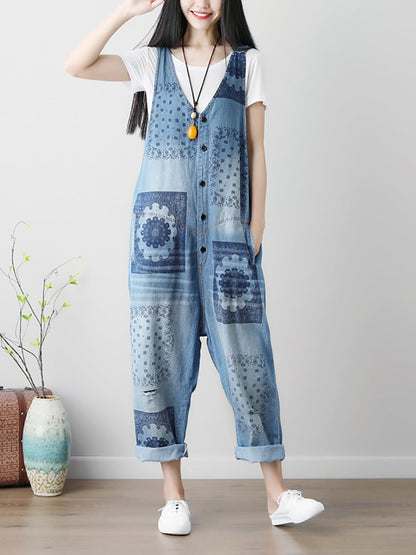 Summer Flower Print Button Loose Denim Jumpsuits