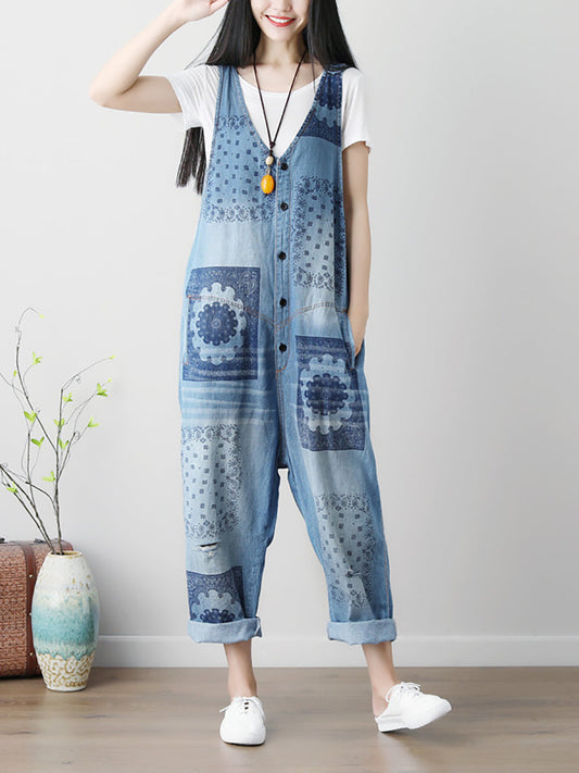 Summer Flower Print Button Loose Denim Jumpsuits