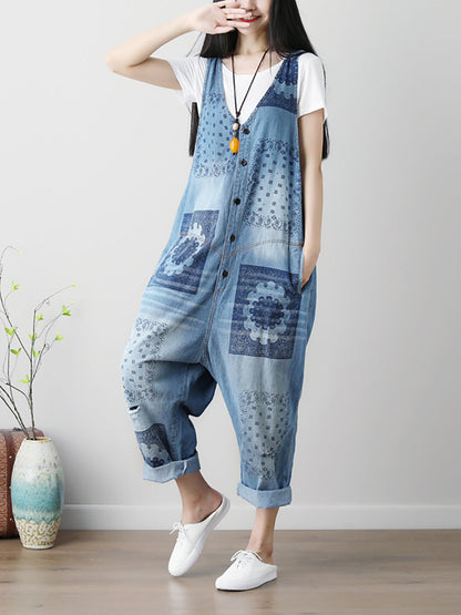 Summer Flower Print Button Loose Denim Jumpsuits
