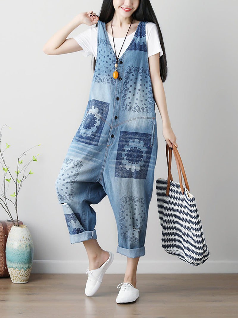 Summer Flower Print Button Loose Denim Jumpsuits
