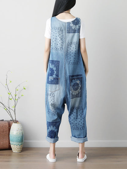 Summer Flower Print Button Loose Denim Jumpsuits