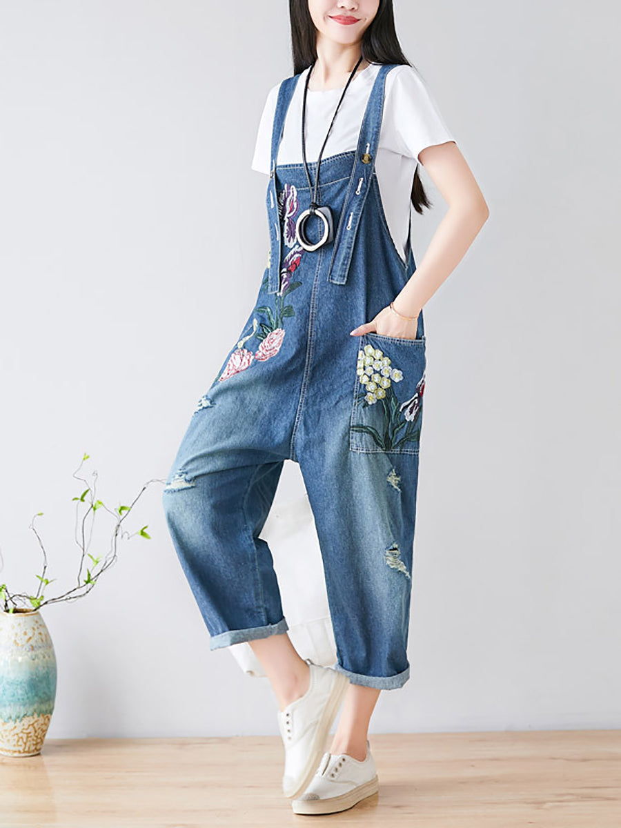 Flower Embroidery Frayed Pocket Denim Jumpsuits
