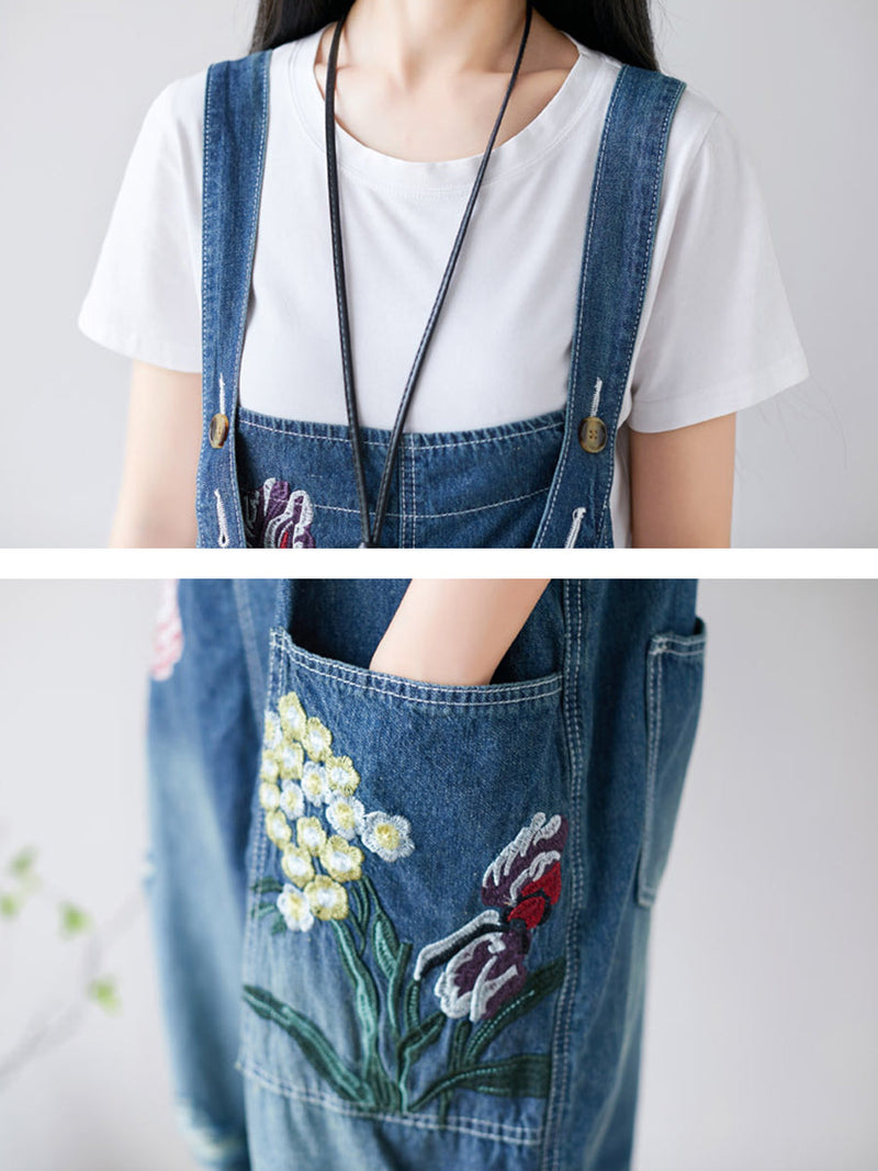 Flower Embroidery Frayed Pocket Denim Jumpsuits