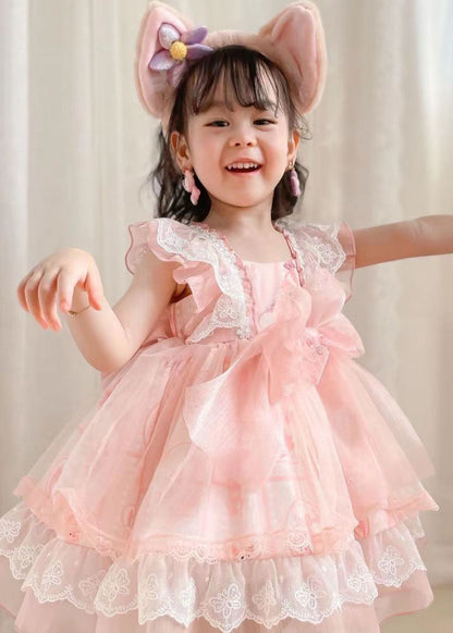 Unique Pink Ruffled Lace Cartoon Print Tulle Baby Princess Dress Summer