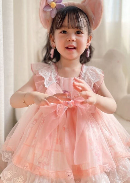 Unique Pink Ruffled Lace Cartoon Print Tulle Baby Princess Dress Summer