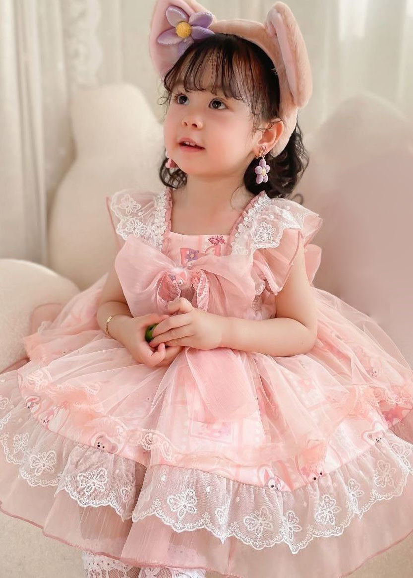 Unique Pink Ruffled Lace Cartoon Print Tulle Baby Princess Dress Summer