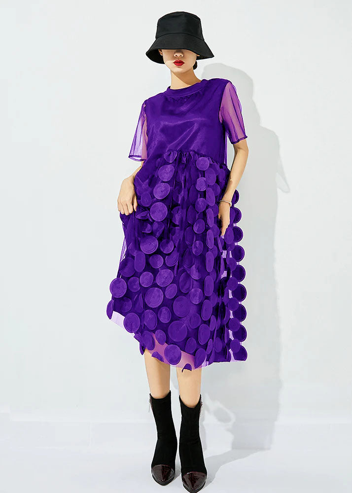 Black O-neck Patchwork Dot Tulle Holiday Dress Summer