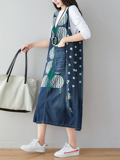 Artsy Dot Print Frayed Pocket Vest Denim Dress
