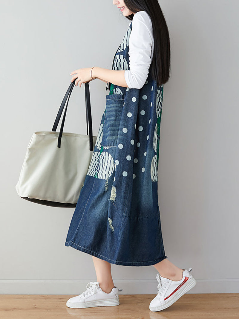 Artsy Dot Print Frayed Pocket Vest Denim Dress