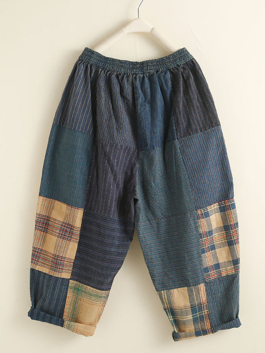 Retro Plaid Patch Spliced Pocket Harem Pants