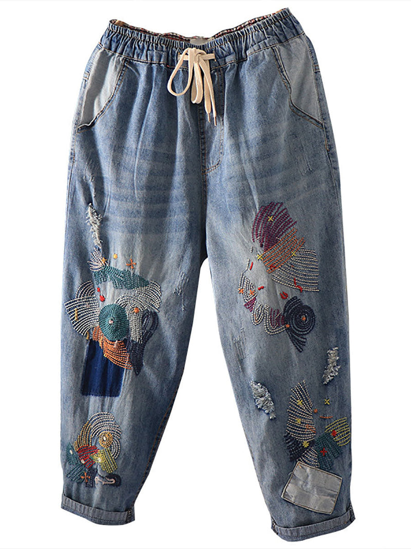 Summer Stitching Pocket Denim Harem Pants