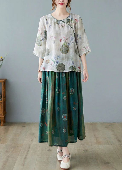 Brown Flower Ramie Elastic Waist Skirt