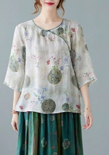 Brown Flower Ramie Elastic Waist Skirt
