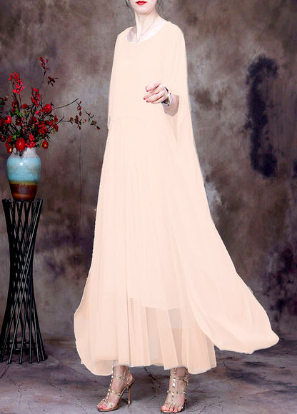 White O-neck Asymmetrical Design Chiffon Cloak Dress Batwing Sleeve