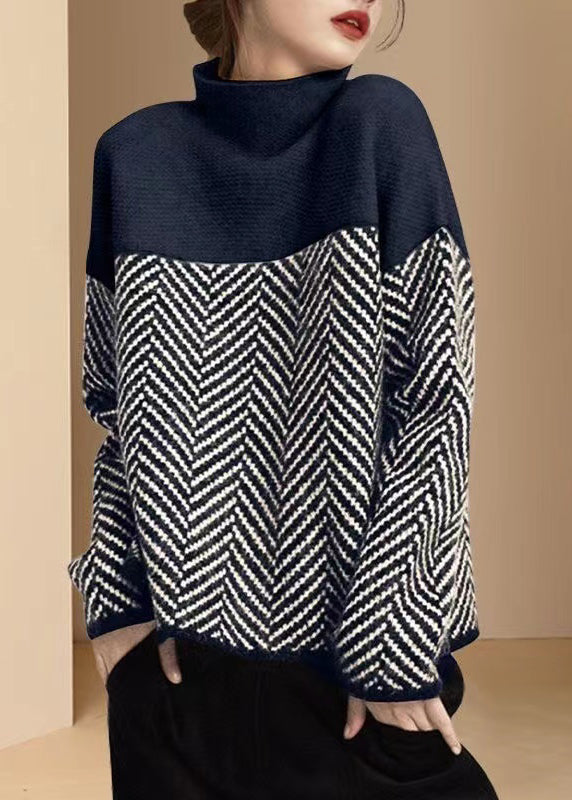 Khaki Turtle Neck Patchwork Knit Pullover Winter