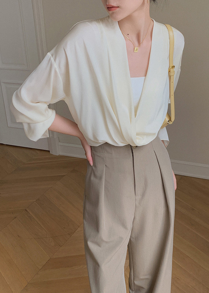 New Beige V Neck Chiffon Shirts Batwing Sleeve