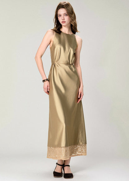 New Gold Print Patchwork Silk Long Dress Summer
