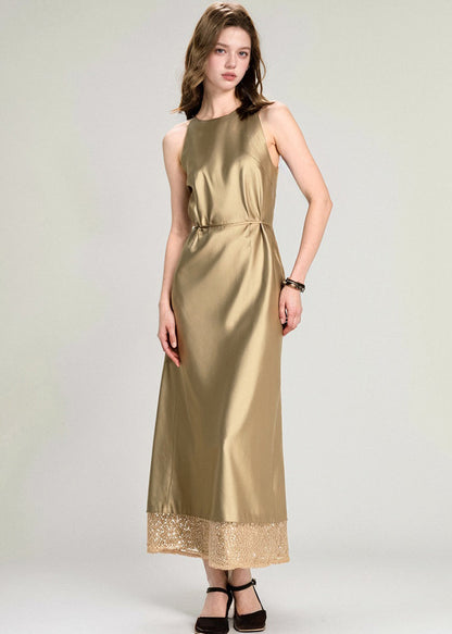 New Gold Print Patchwork Silk Long Dress Summer